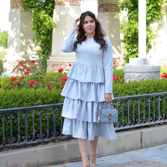 Amalfi Sky Blue Ruffle Tiered Midi Dress Long Sleeve Modest Elegant NWT - Picture 1 of 7